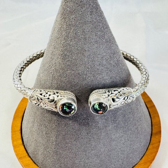 Sterling Silver 925 Mystic Topaz Hinged Bangle Bracelet Pierced Scroll Design - Picture 2 of 8